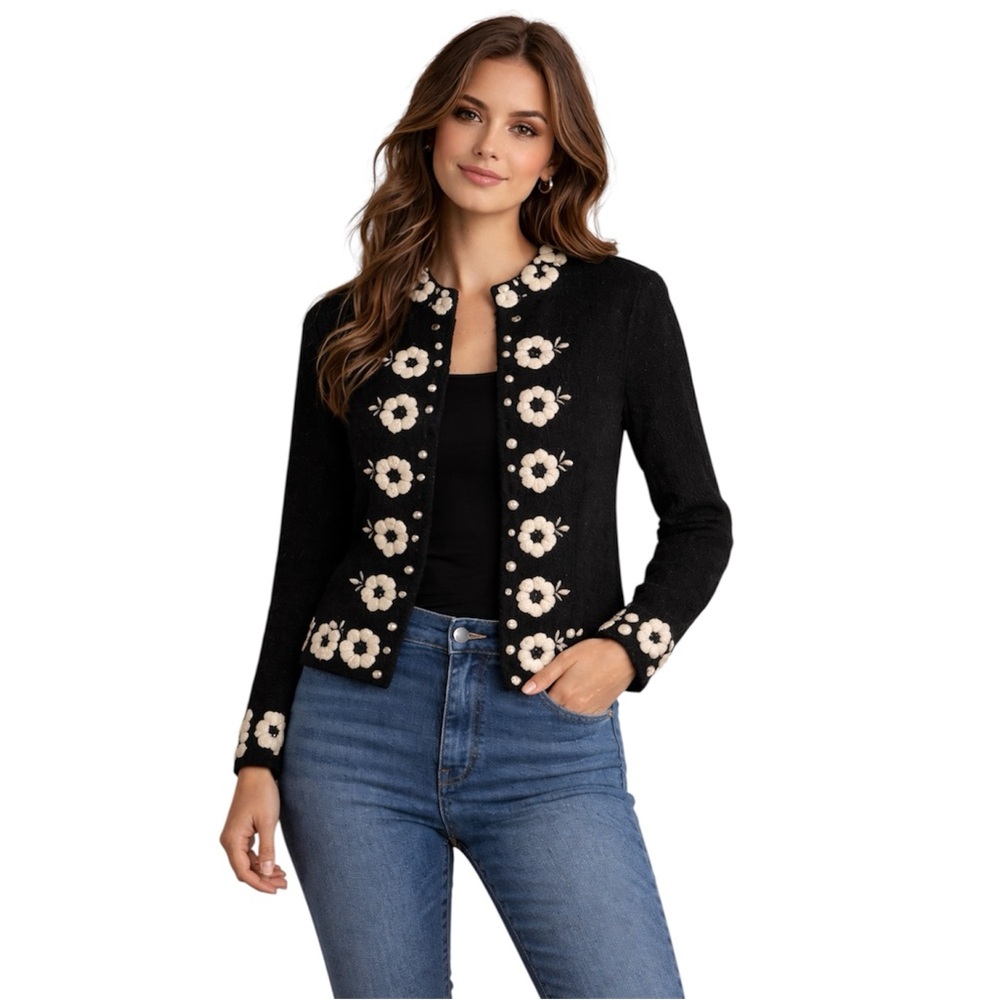 Cynthia Rowley 100% Wool Embroidered Floral Jacket Black Button Front 💕